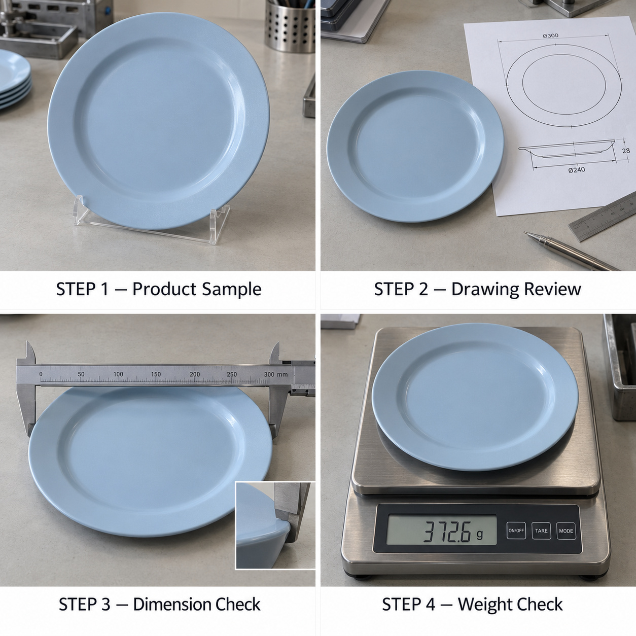 Blue plastic plate sample, drawing, dimension and weight checks.