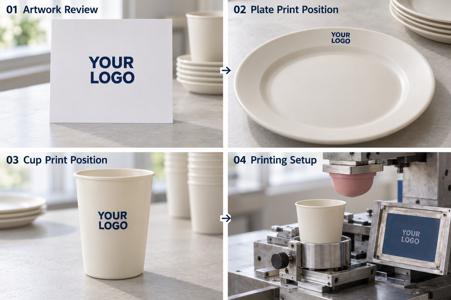 Custom logo placement on plastic plates and cups