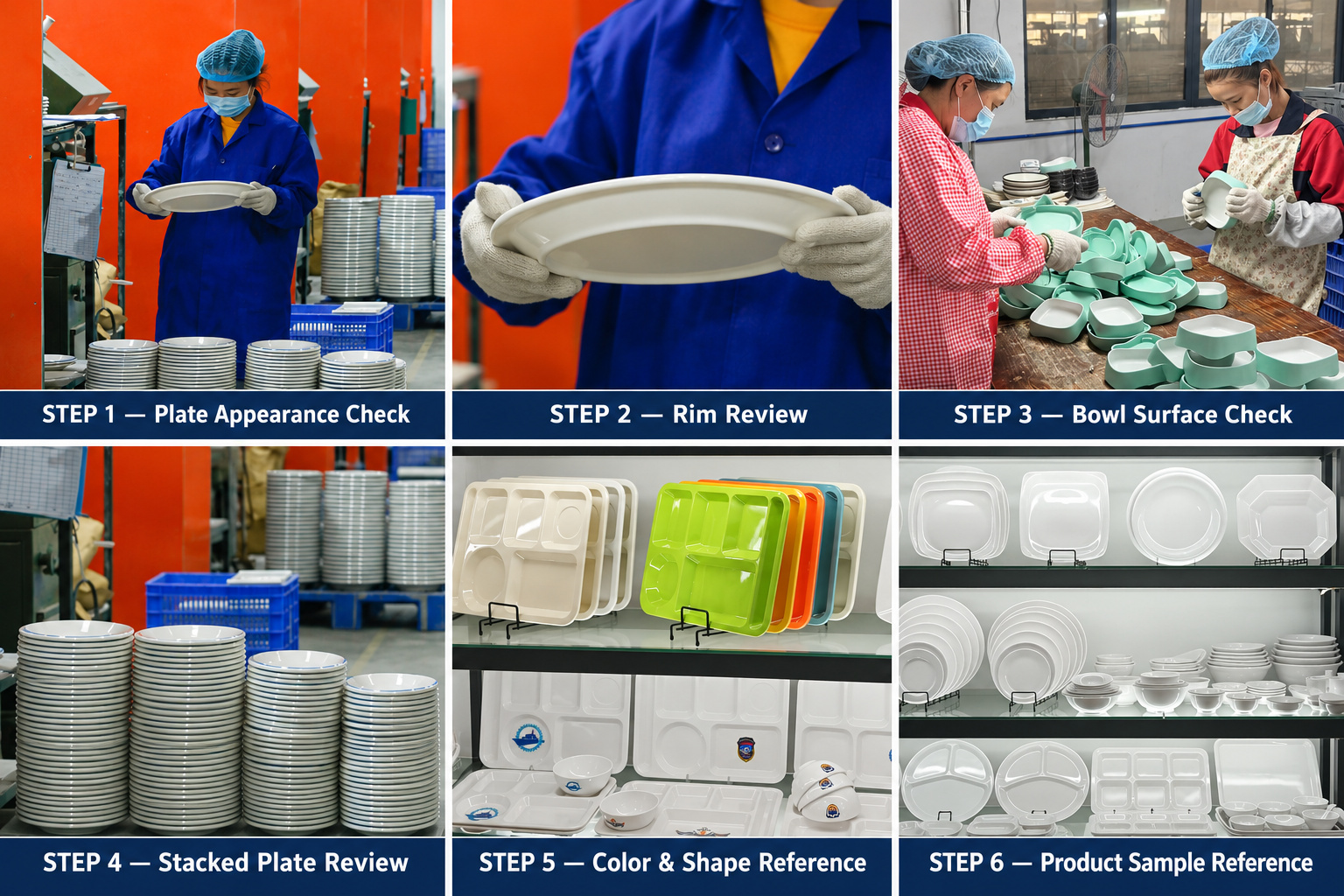 Plastic plate appearance, rim and stacking checks with plasticware sample displays.