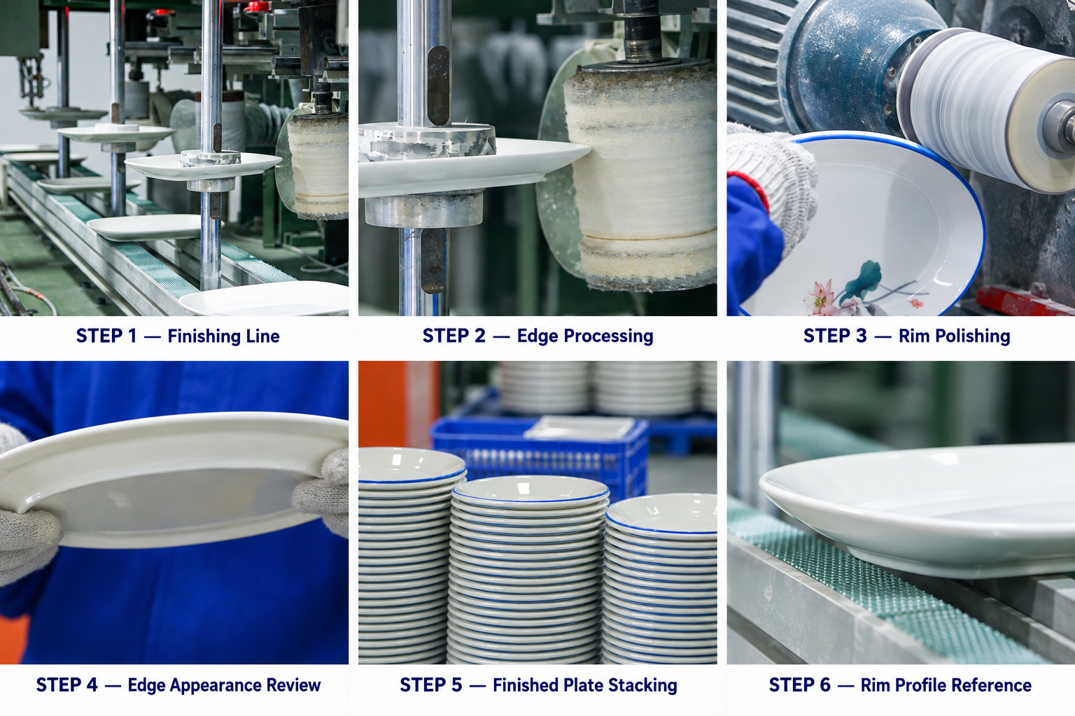 Plastic plate edge finishing, rim polishing, visual checks and finished plate stacking.