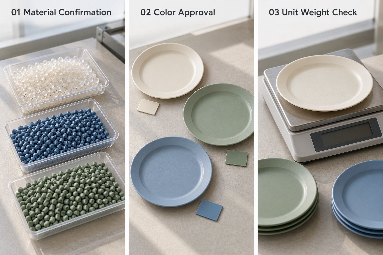 Plastic plate material, color and unit weight checks