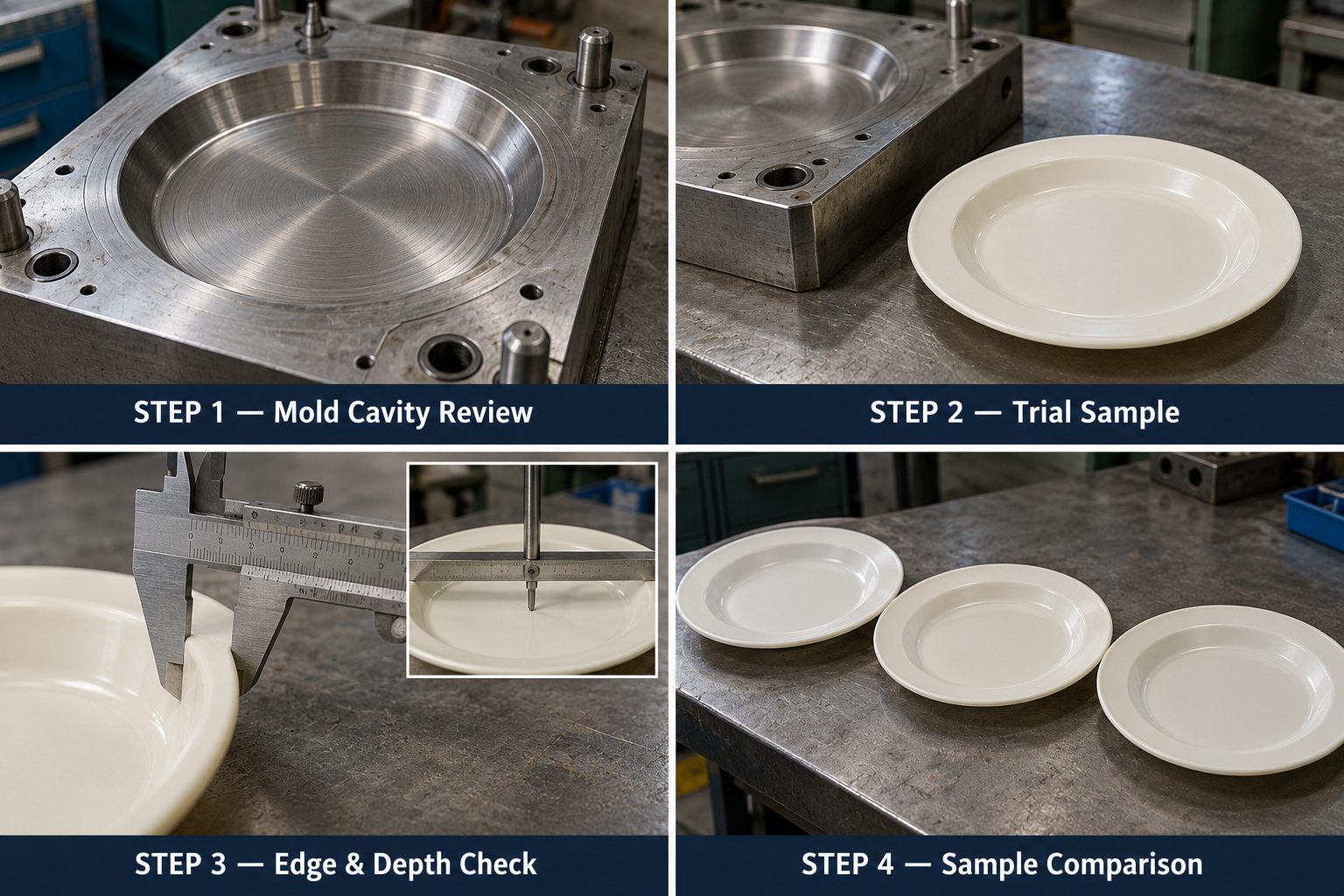 Plastic plate mold cavity, trial samples and dimension checks.