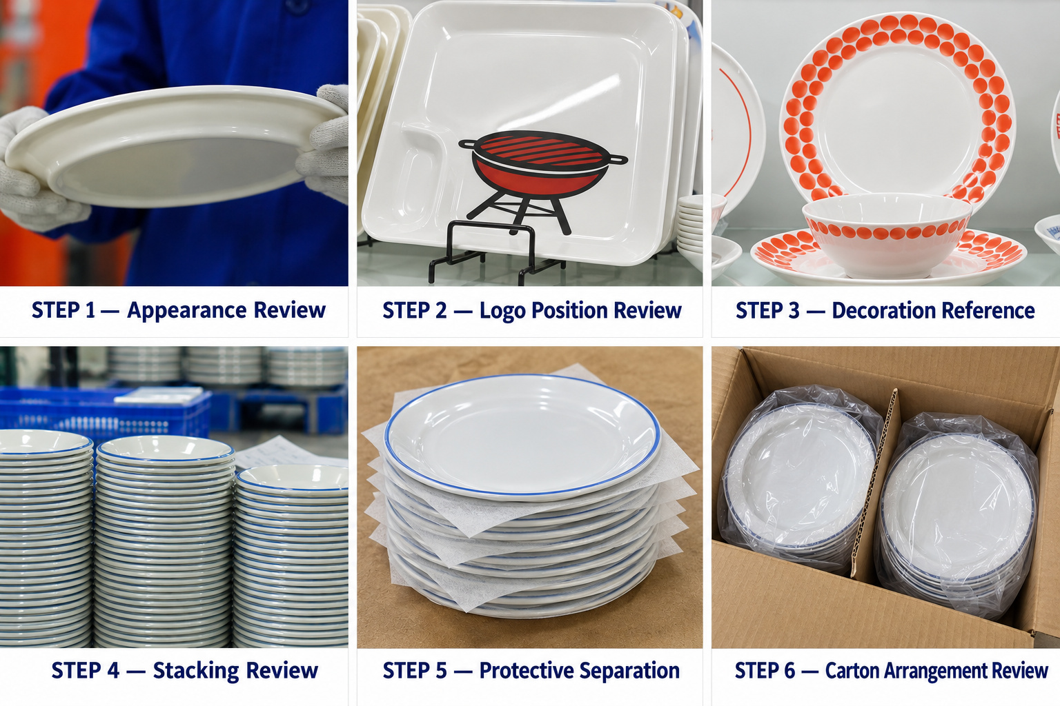 Plasticware appearance, decoration and stacking references with protective packing examples.