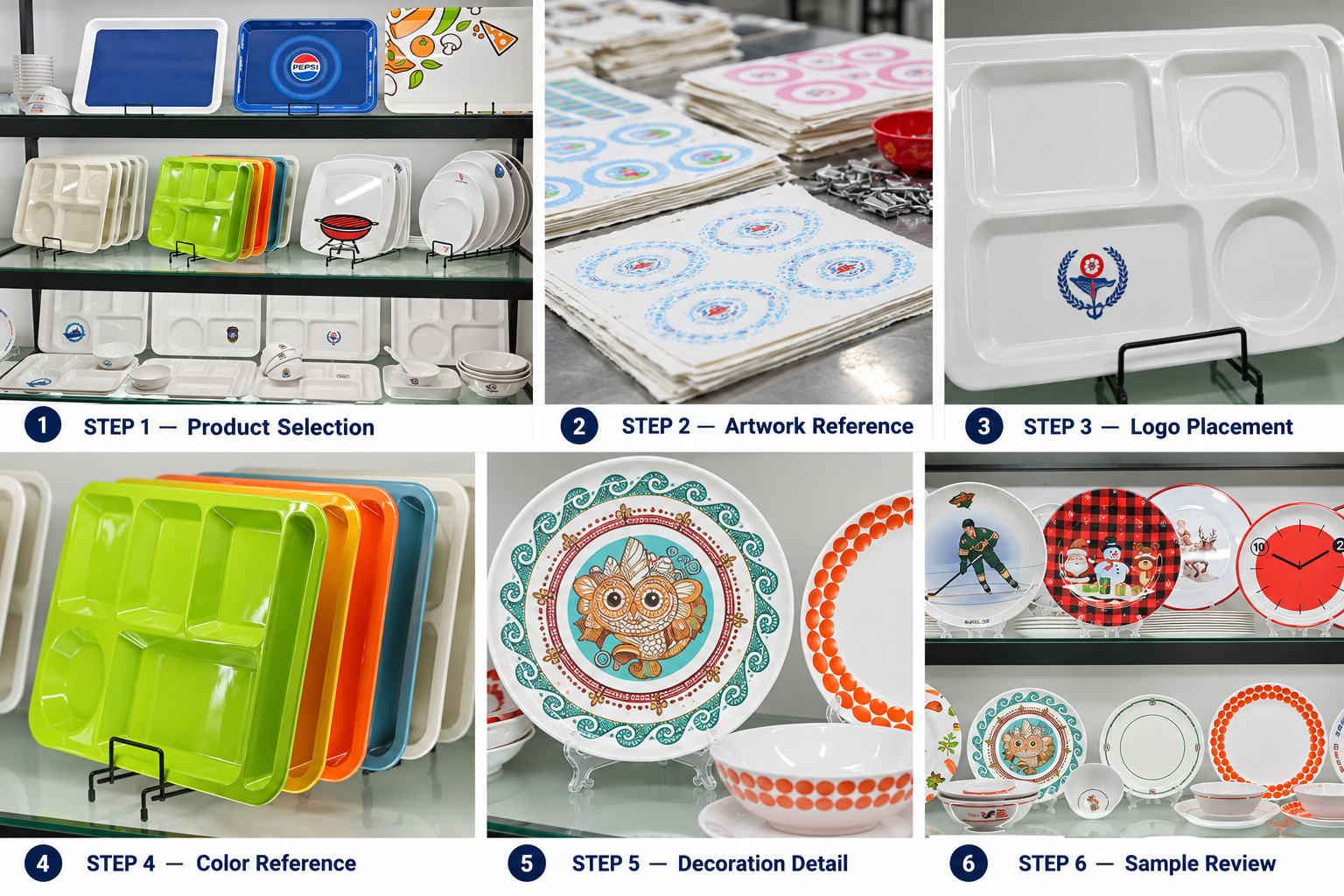 Plasticware artwork sheets, logo placement, color options and decorated plate samples.