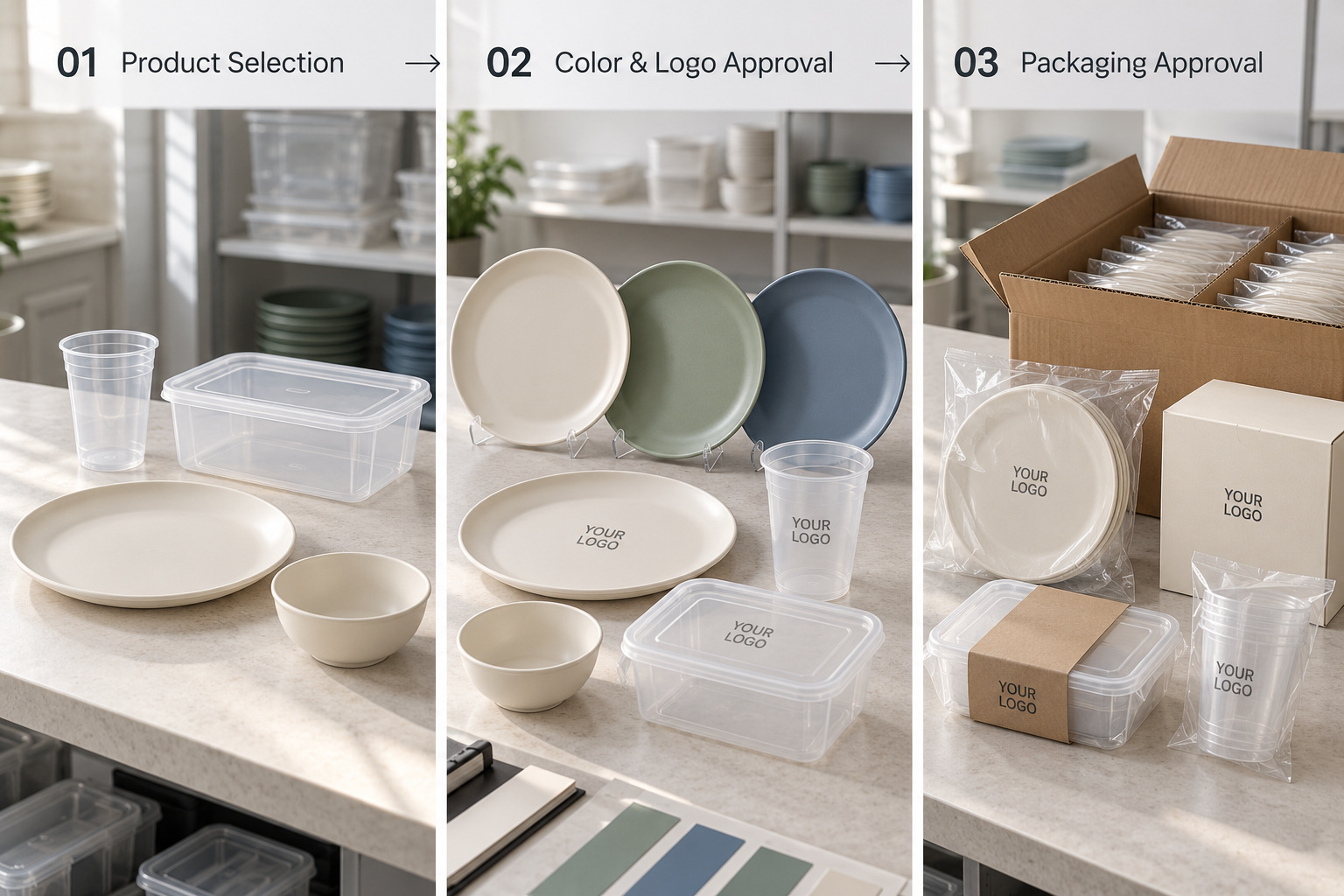 Plasticware customization steps from product selection to packaging