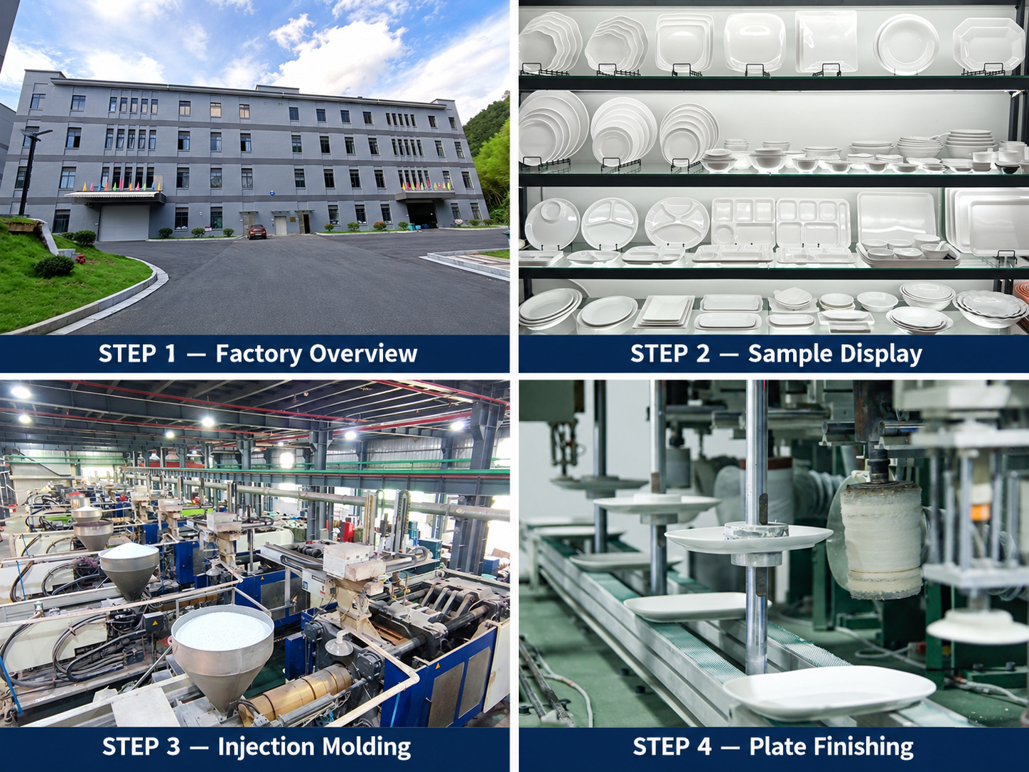 Plasticware factory, sample showroom, injection molding workshop and plate finishing line.