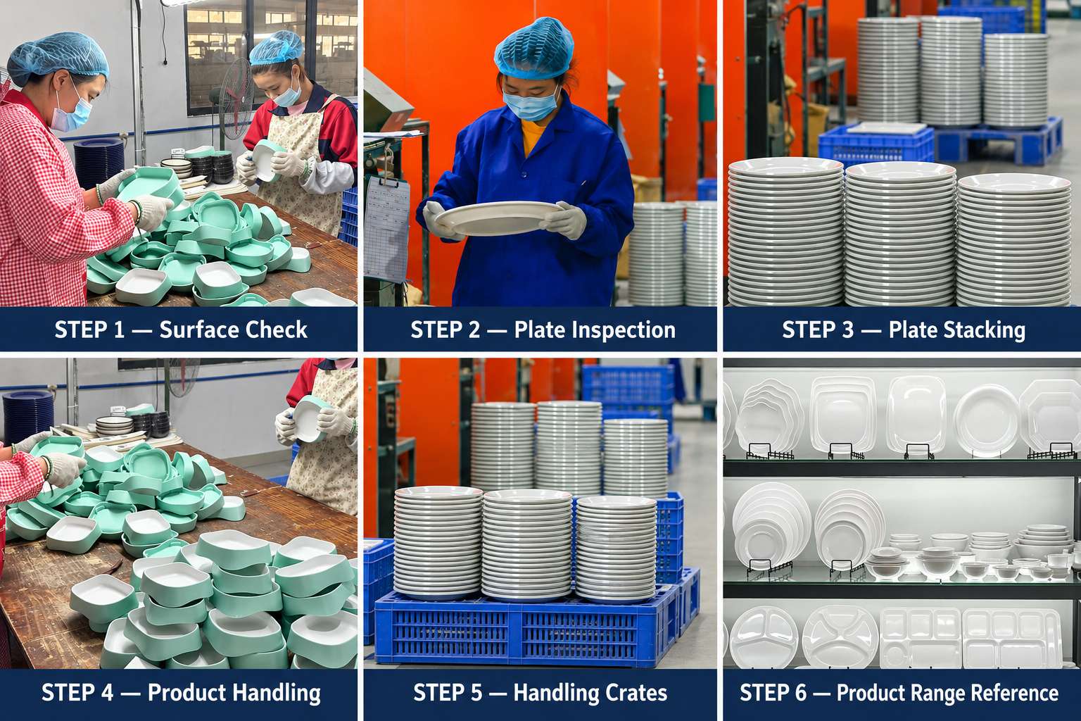 Plasticware inspection, plate stacking and handling crates before packing.