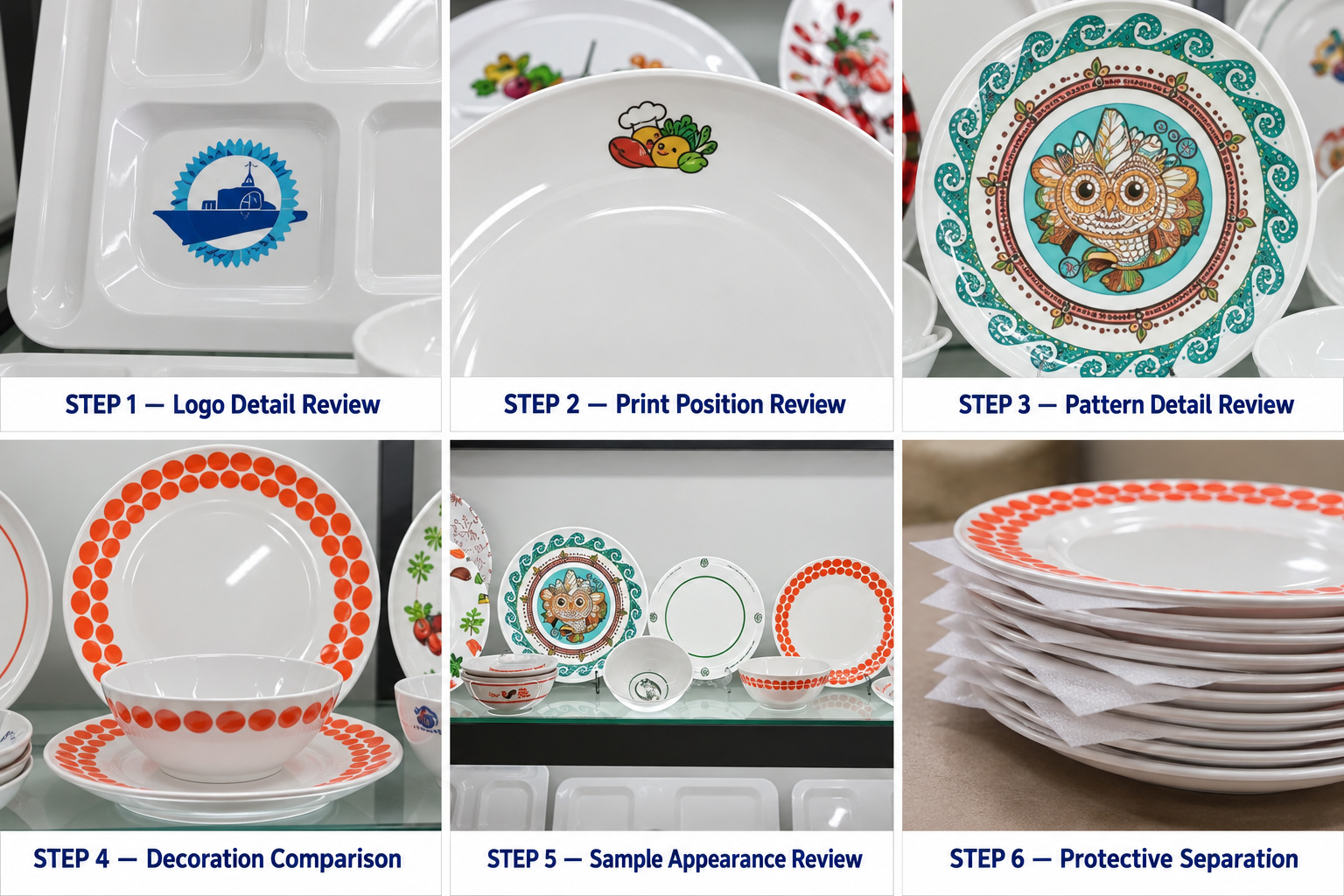 Plasticware logo details, printed patterns, sample comparisons and protective plate separators.