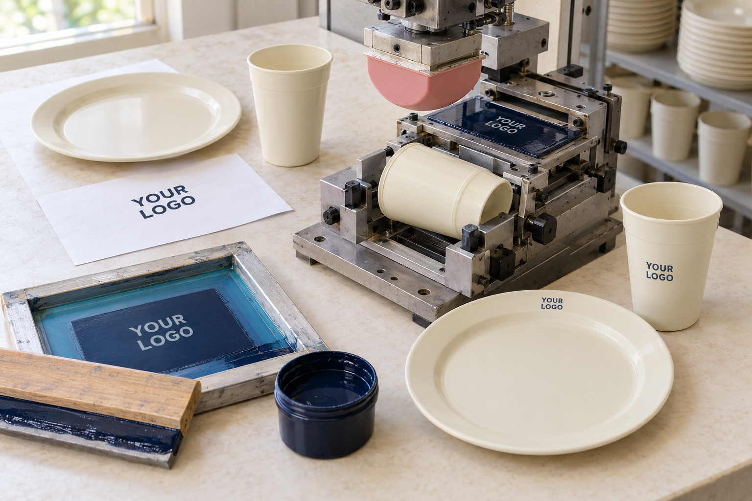 Plasticware logo sampling with screen and pad printing