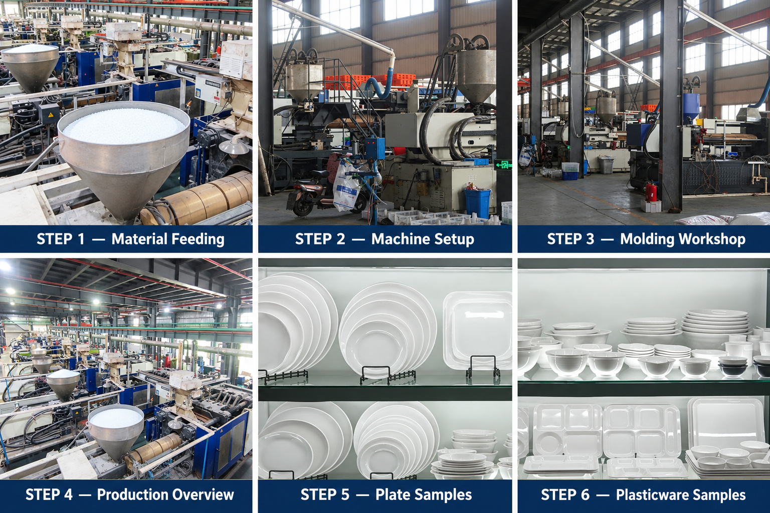 Plasticware material feeding, molding machines, production workshop and product samples.