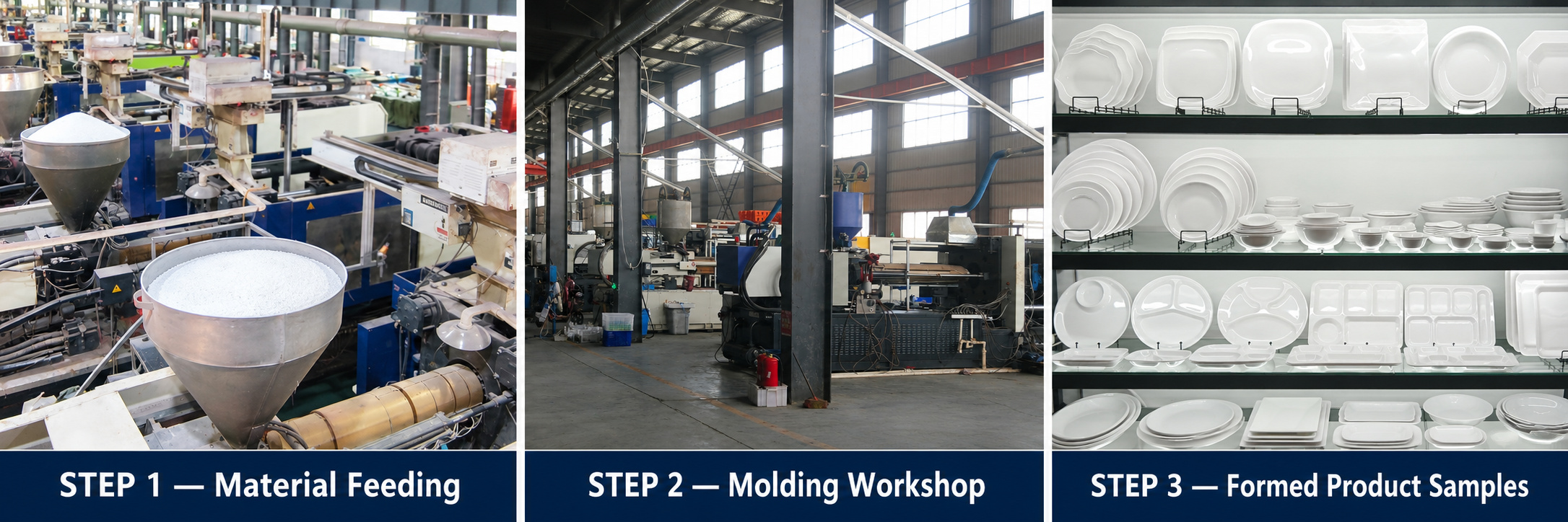 Plasticware material feeding, molding workshop and formed product samples.
