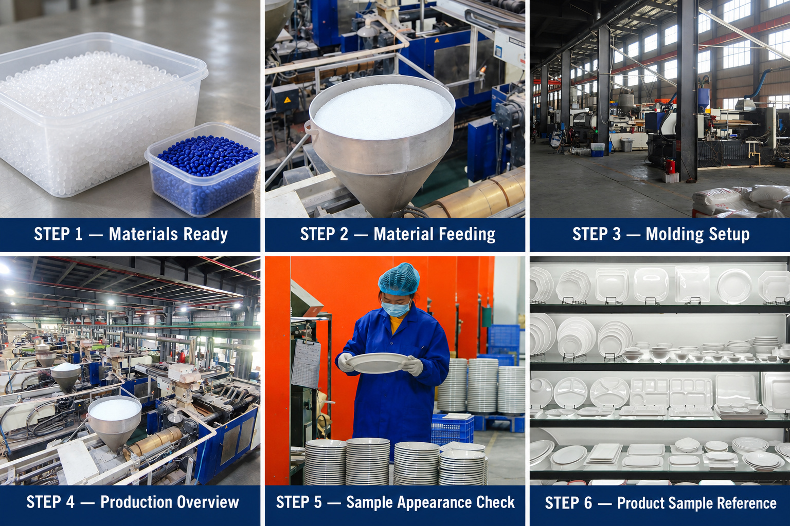 Plasticware materials, feeding equipment, molding workshop and sample inspection.