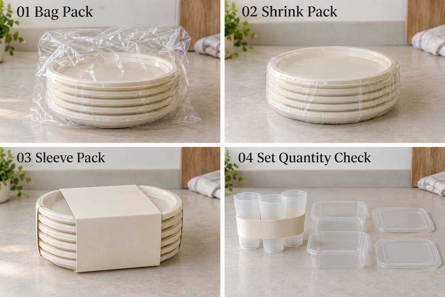 Plasticware packaging formats and set quantity checks
