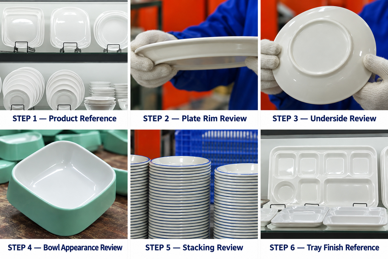 Plasticware samples, plate rim and underside checks, bowl surfaces and stacking review.