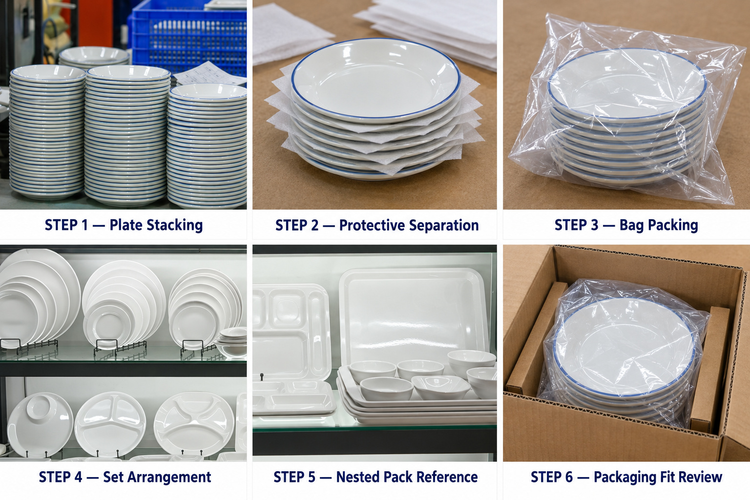 Plasticware stacking, protective separators, bag packing and box fit examples.