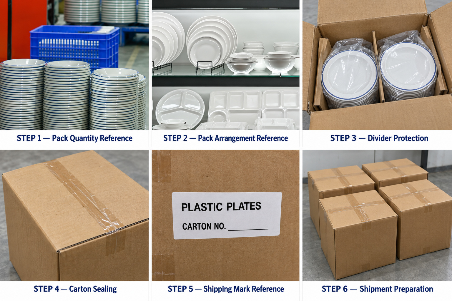Plasticware stacks, carton dividers, sealing, shipping labels and packed cartons.
